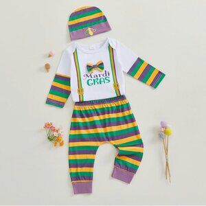 Baby Boy Mardi Gras Set Long Sleeve Bow Bodysuit Pants Hat Size 3-6 Months